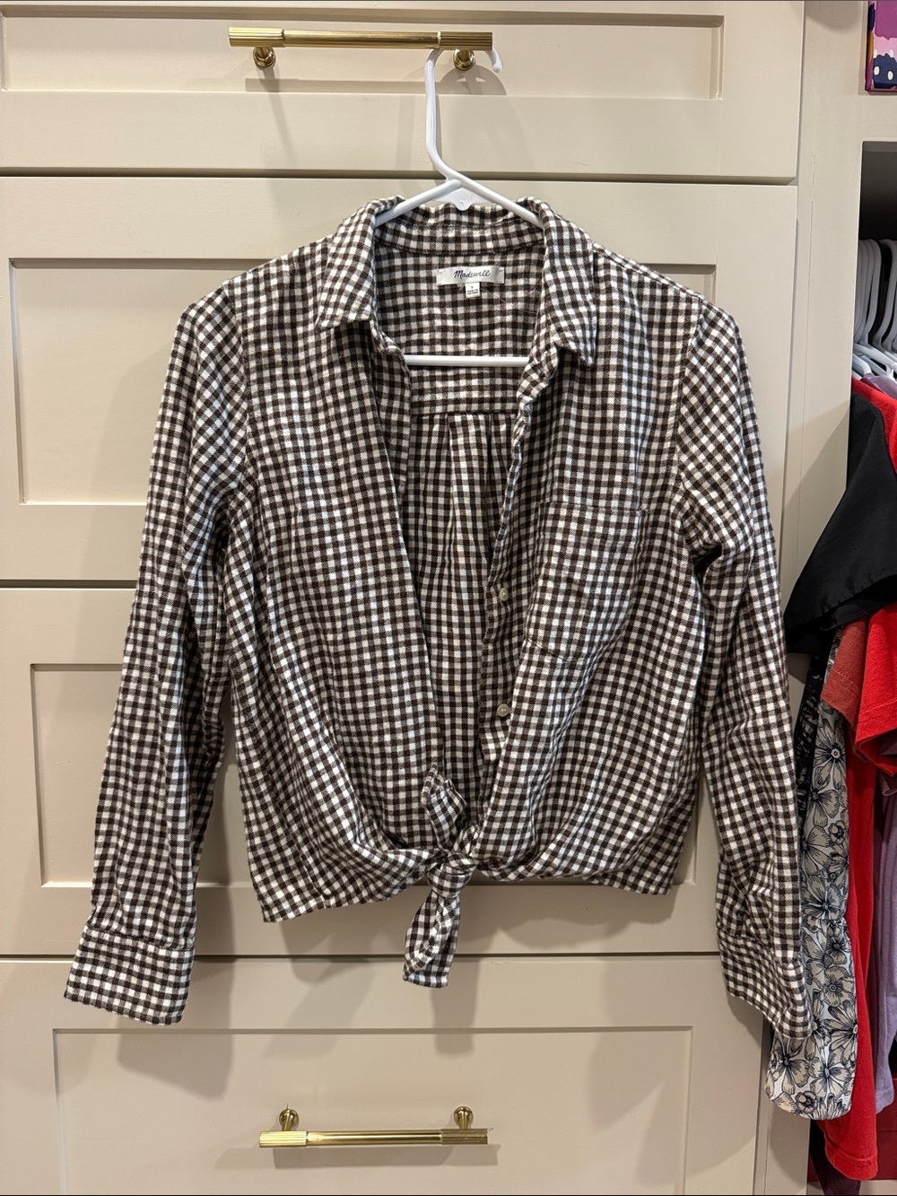 Madewell Brown and White Gingham Tie-Front Button-Down